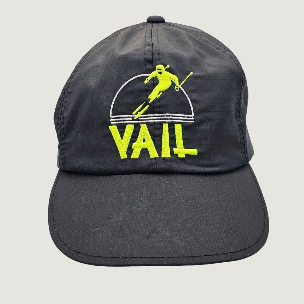Vtg 80s Vail Ski Resort Nylon Snapback Hat Black Neon Skier Cap Yupoong Korea
